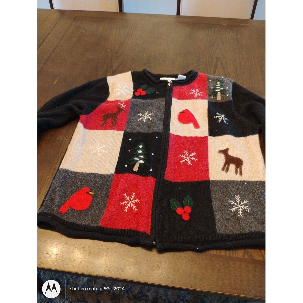 Croft & Barrow Petite Christmas Cardigan Sweater Zip Front Festive Patchwork PL